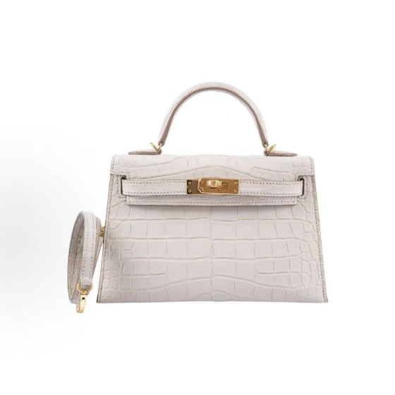 HERMES Mini Kelly II 19 Gold Buckle Kelly Bag single-shoulder crossbody handbag 19 Women\'s 8L Beton Glacier White
